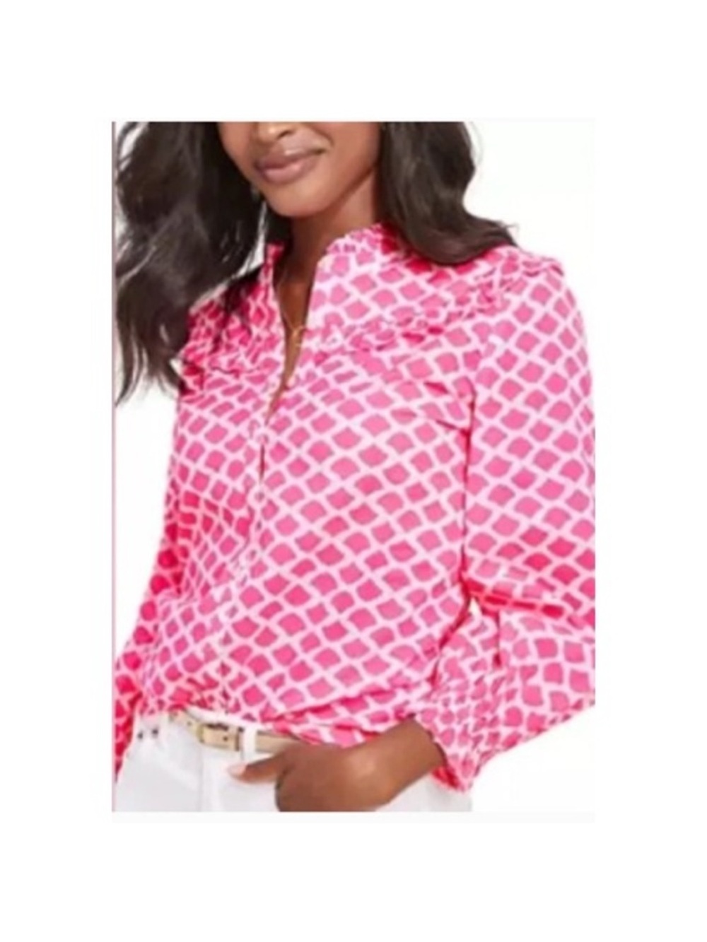 Vineyard Vines Pink Geometric Print Ruffle-Trim Women's Blouse